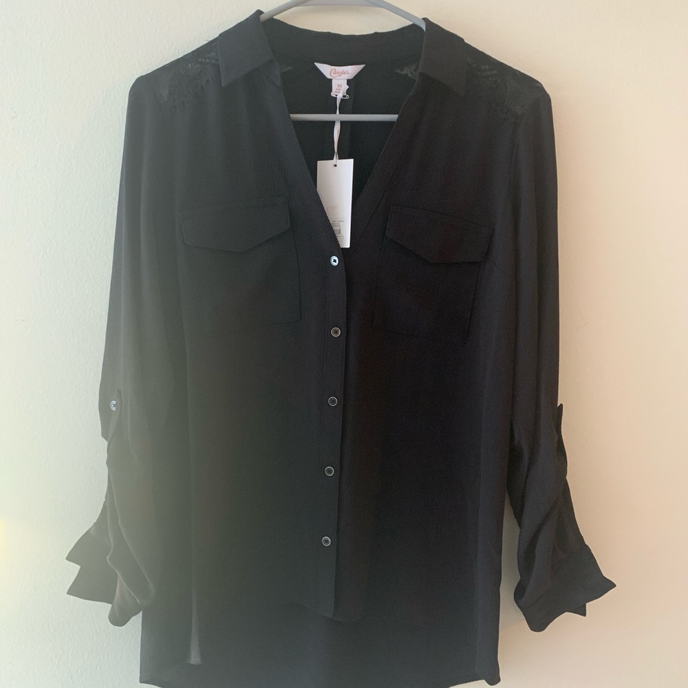 Black Button Down Blouse with Lace Accent